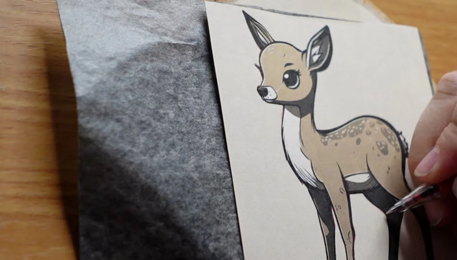 Tracing a deer pattern onto wood with graphite paper