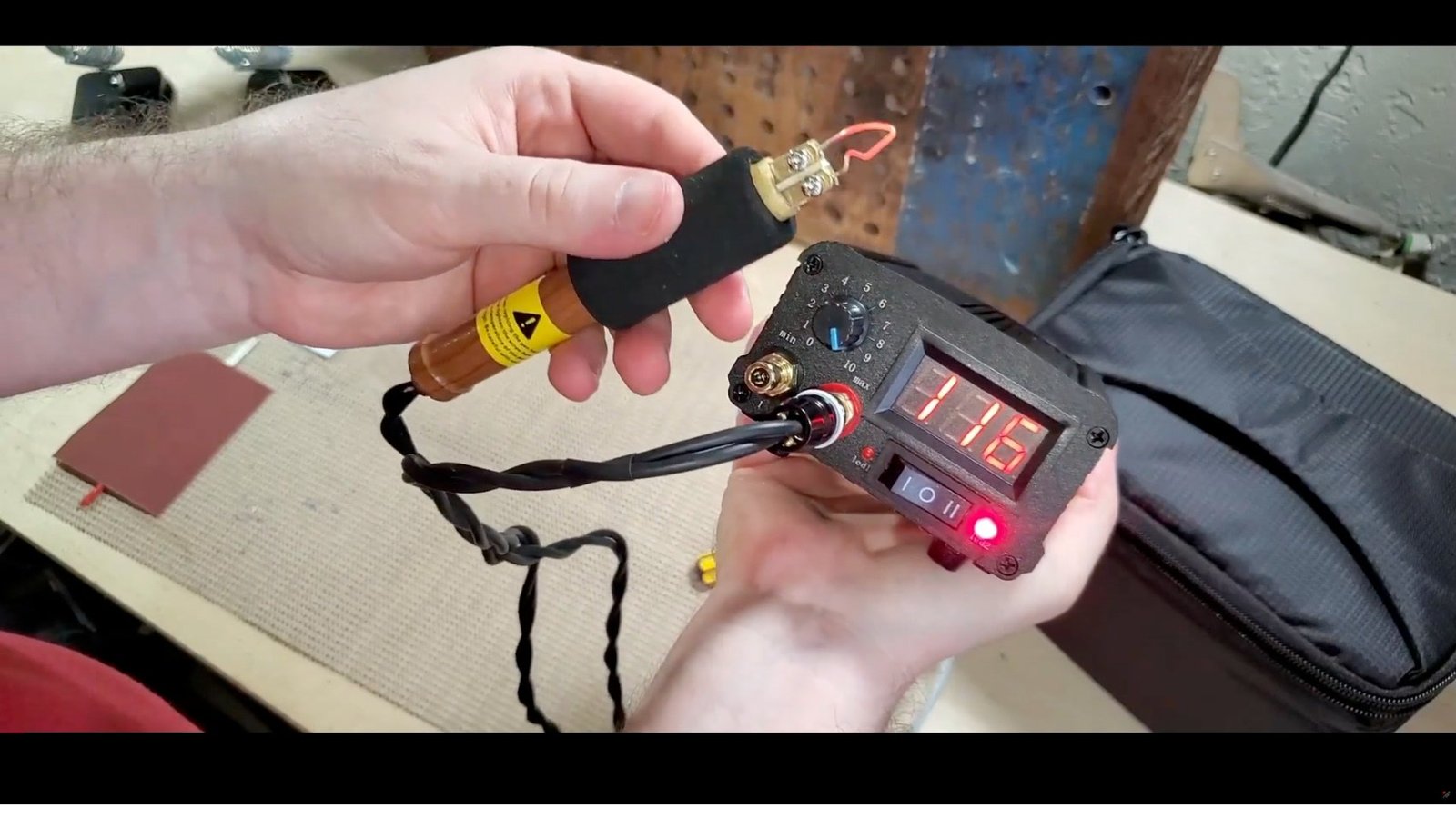 Tekchic Pro2 wood burning station with glowing nib tip in use