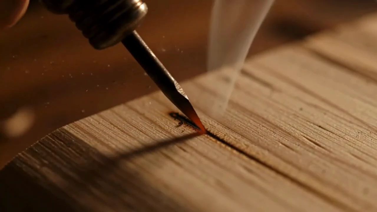 Wood burning a pine tree design on a wood slice