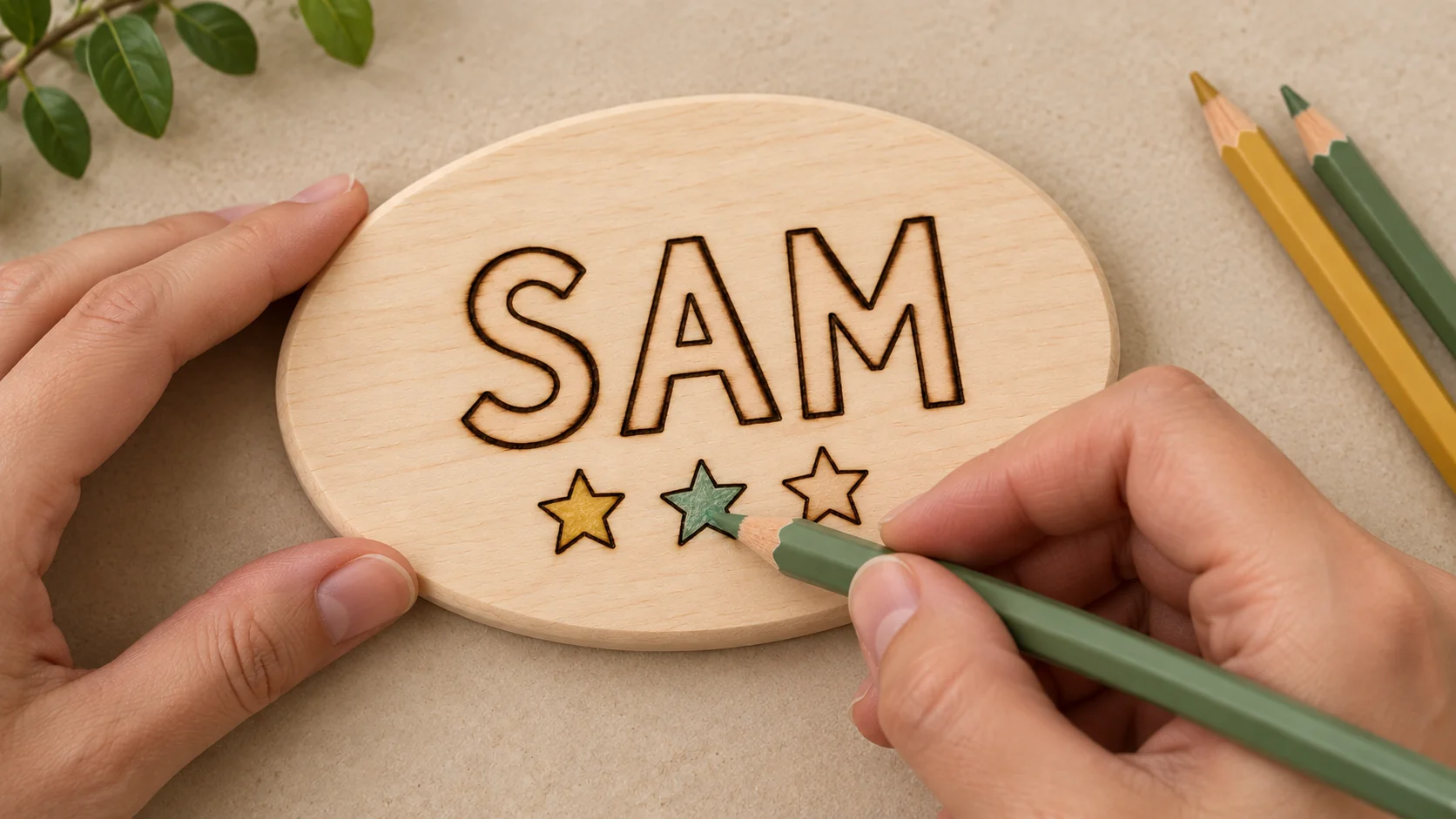 Illustration of an adult adding colored pencil inside a star on a cooled wood-burned name plaque