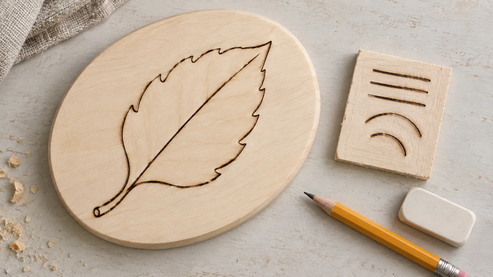 Illustration of a simple wood-burned leaf plaque beside straight and curved practice marks