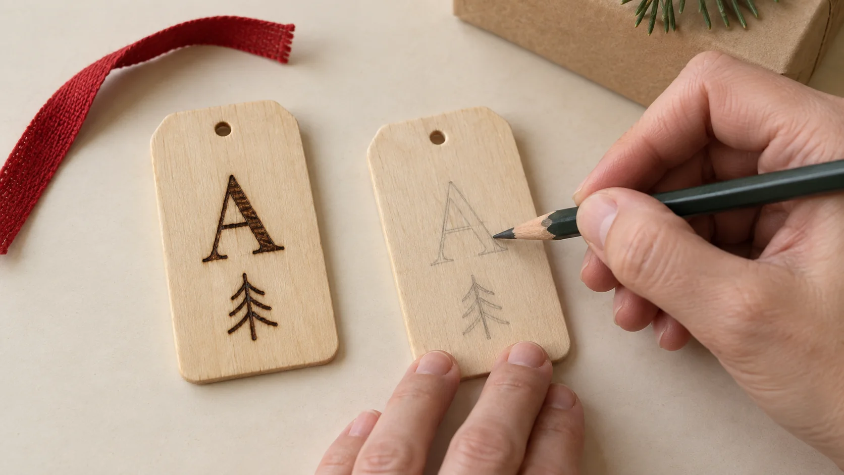 Illustration of a pencil layout and completed burned initial on two wooden gift tags