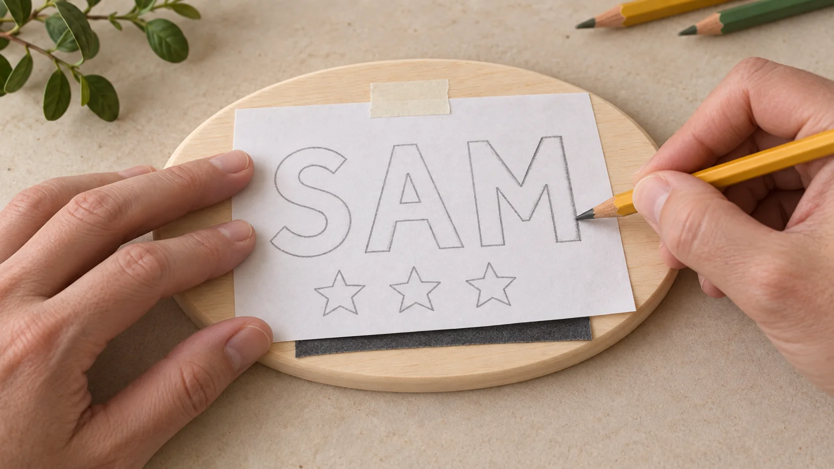 Illustration of a simple SAM lettering layout being positioned on an oval wood plaque