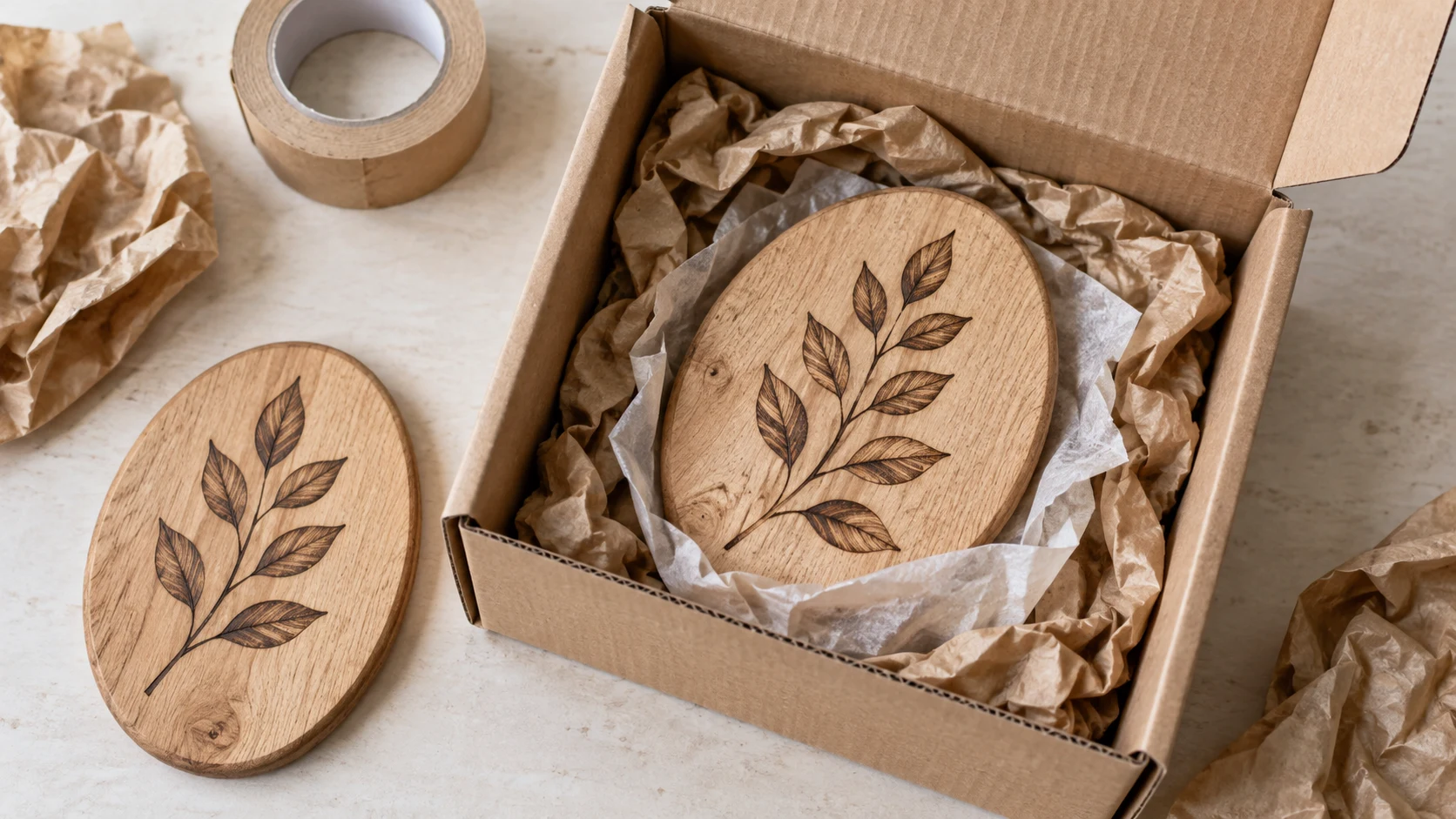 Illustration of a wood-burned botanical plaque cushioned inside a cardboard shipping box
