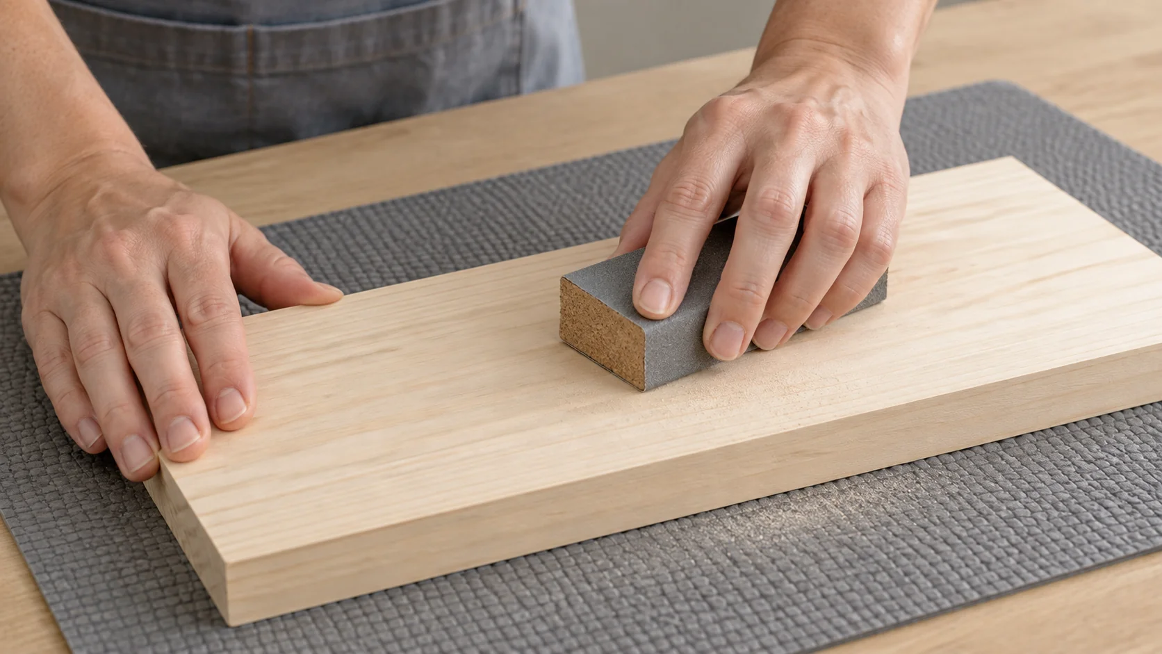 Hands preparing the surface of an unfinished wood board with a sanding block