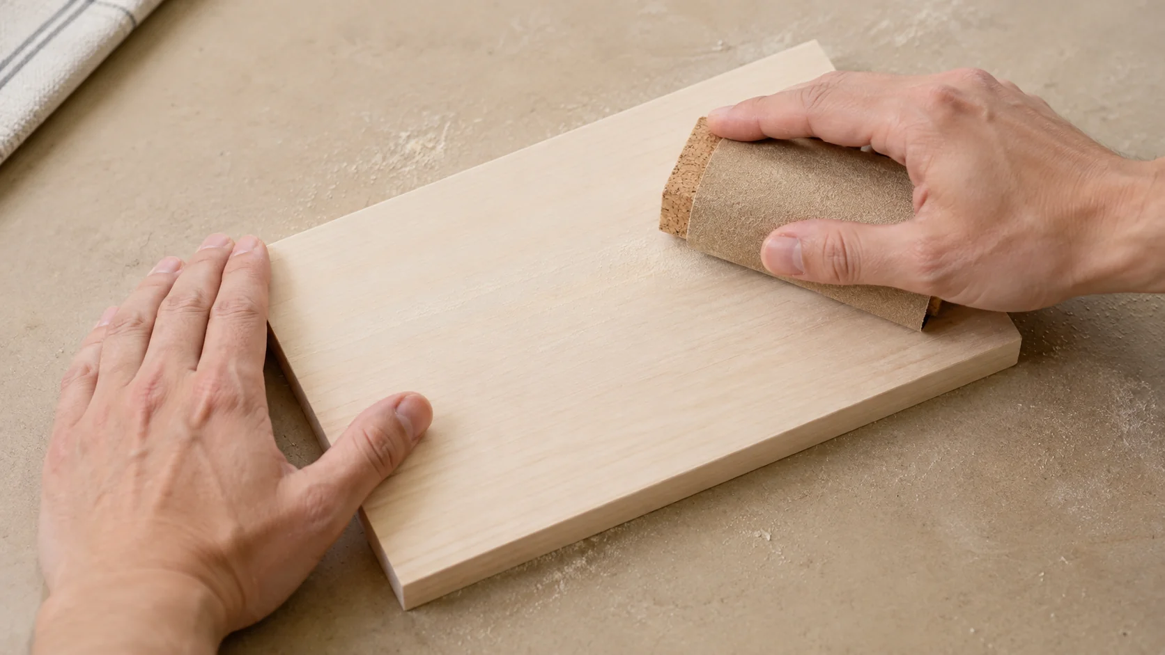 Illustration of hands smoothing a plain wood blank with a sanding block