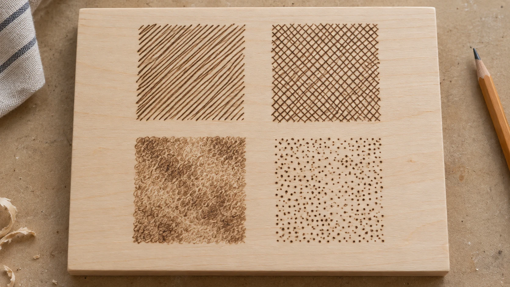 Wood-burning shading and texture examples