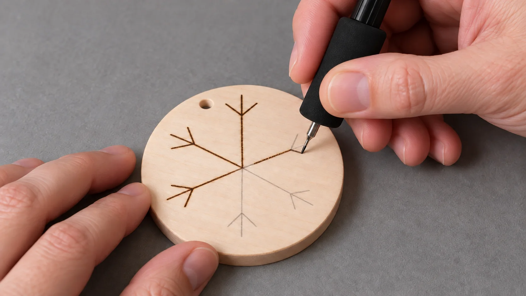 Illustration of an adult tracing a simple snowflake with a wood-burning pen