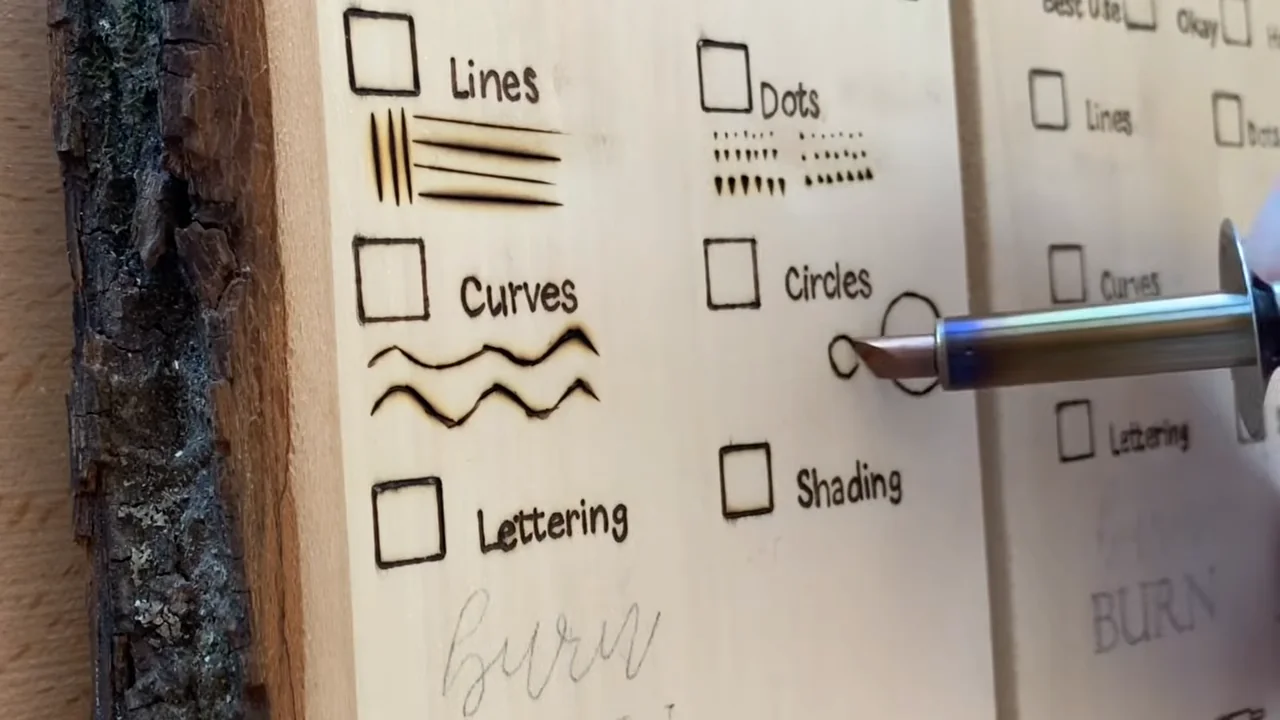 Solid-point pen making a circle beside practice lines, dots and curves on wood