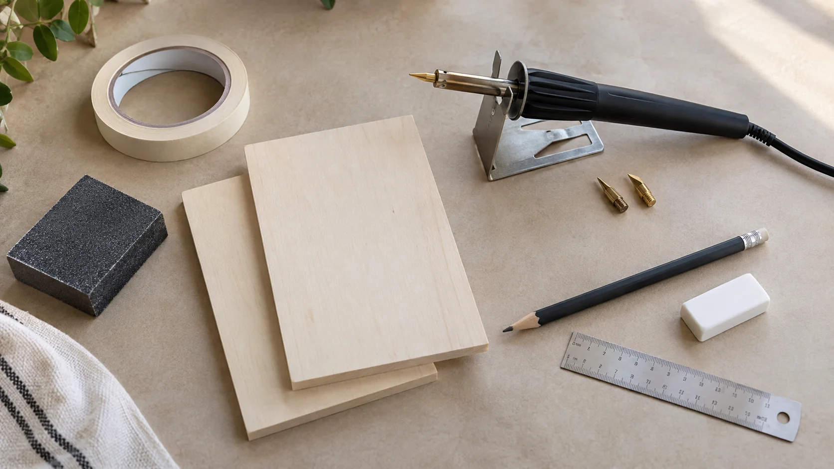 Illustration of a basic wood-burning kit with a pen, holder, blank wood and drawing supplies