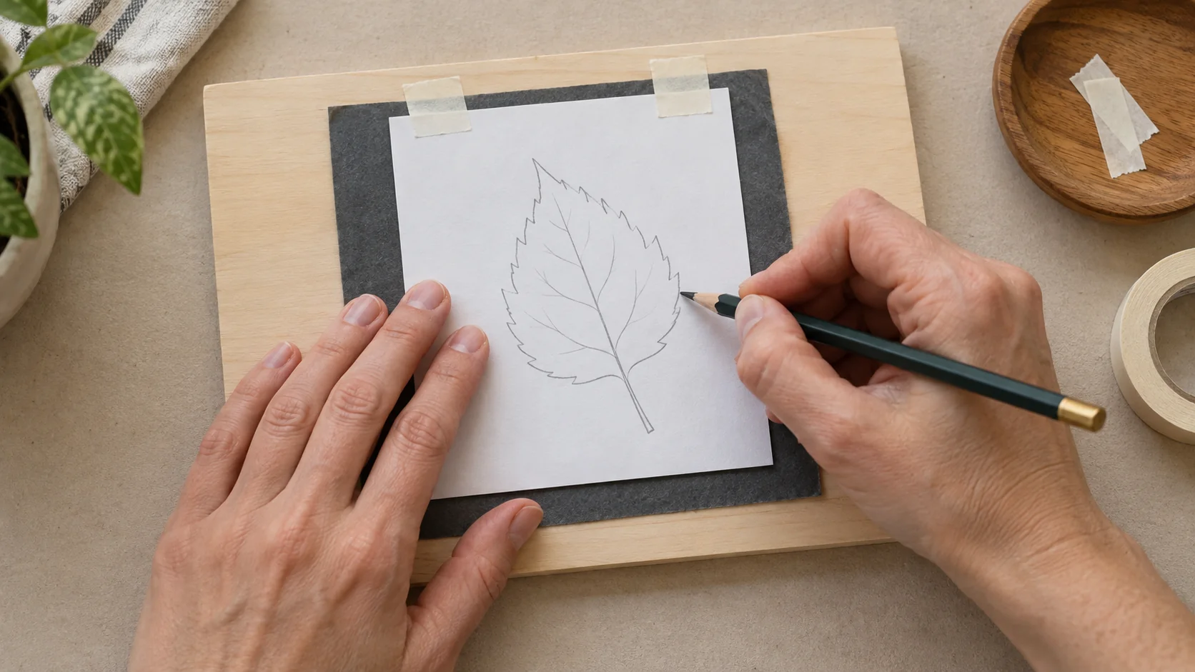 Illustration of a leaf outline being traced through graphite transfer paper onto wood