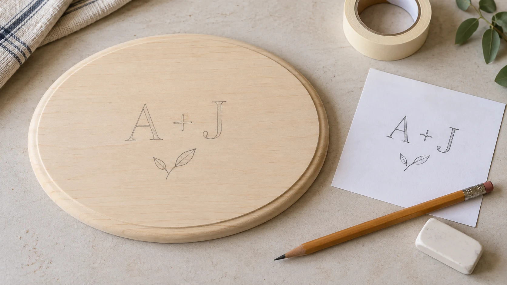 Illustration of an initials and leaf layout planned in pencil on an oval wooden plaque
