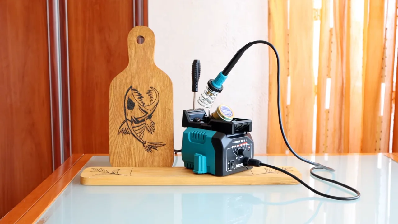 YIHUA 939-II wood-burning station with its pen holder beside decorated wooden boards